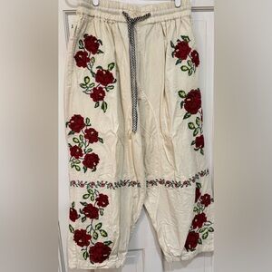 Free People Cream Wide Leg Pants with Red Floral Design